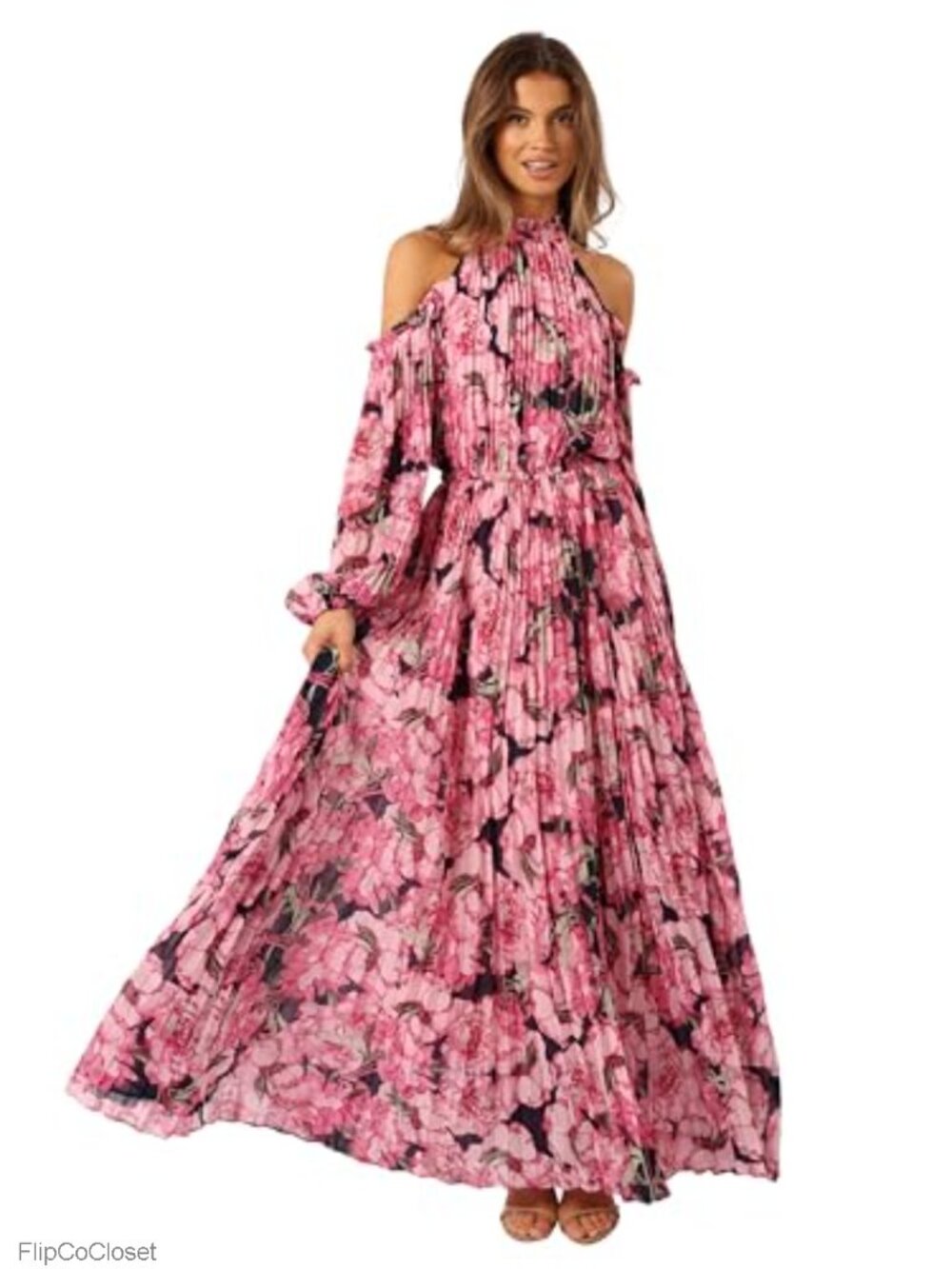 Pleated Maxi Dress with Off Shoulder and Long Sleeves